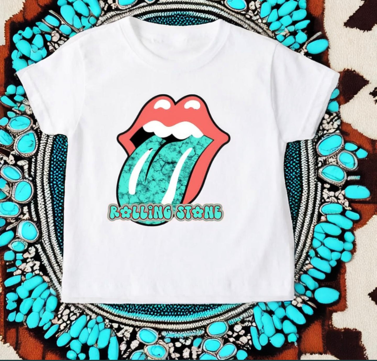 Turquoise rolling stone tee